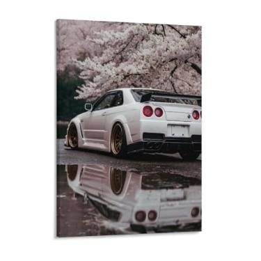 Imagem de HouLaiZhe Modificado R34 Jdm Pôsteres Esportivos Flor de Cerejeira Tela Estética Decoração de Quarto Pintura de Parede Impressões Sala de Galeria Decoração de Parede para Quarto Sala de Estar