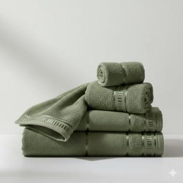 Imagem de Kit Toalha de Banho e Rosto 5 Pçs 100% Algodão 290 g/m2 Hipoalergênica - Barra Decoratica, Luxo, Toque Macio e alta absorção - Verde