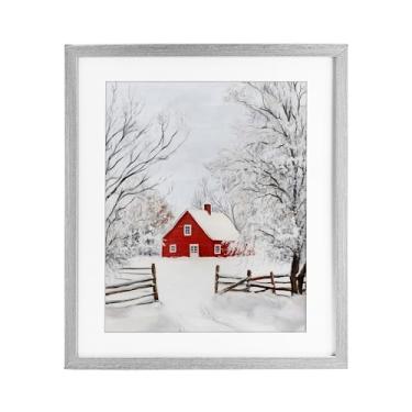 Imagem de Stupell Industries "Red Farmhouse in Snow", impressão emoldurada sob vidro, cinza, 13 x 16