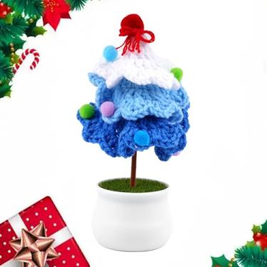 Imagem de 1 peça de decoração de árvore de Natal de crochê, feito à mão, planta artificial, vaso de malha, presentes de árvore de Natal para painel de carro, decoração de Natal para escritório em casa (árvore
