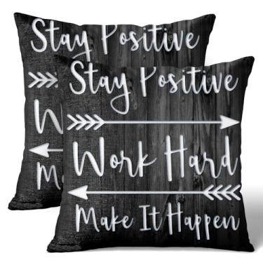Imagem de Wknoon Conjunto de capas de almofada de linho de 45,7 x 45,7 cm (pacote com 2) - Citação inspiradora Stay Positive Work Hard, Motivacional Rústica Madeira Preta e Branca Capa de Almofada de Sofá