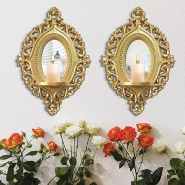 Imagem de sxnzequnze Conjunto de arandelas tridimensionais de alívio, 2 castiçais rústicos para pendurar na parede, decoração de parede de madeira, arte de parede espelhada, esculpida à mão, decoração de casa