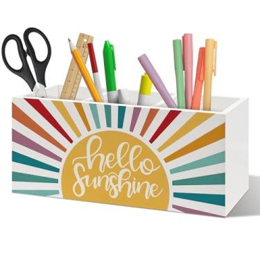 Imagem de ANIANG Boho Hello Sunshine porta-canetas, organizador de mesa, decoração boho, sala de aula, colorido, nascer do sol, pôr do sol, porta-lápis de madeira, para quarto de crianças, sala de aula, casa