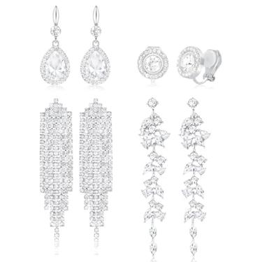 Imagem de Wrlcorly 4 pares de brincos de pressão para mulheres, não perfurados, pingentes, strass, zircônia cúbica, borla longa, lustre, lustre, brinco, festa de casamento, formatura, joias para noivas, damas