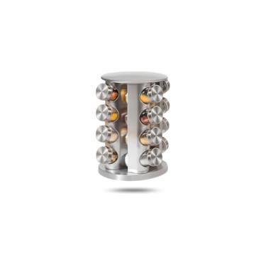 Imagem de Porta Condimentos Torre com 16 Potes de Vidro 80ml, Aço Inox e Madeira, 30x12x28cm, com Tampa Inox e Peneira Dosadora