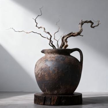 Imagem de Vaso de cerâmica Wabi Sabi com alça, vaso de cerâmica rústica de 20 cm, boca larga, vaso redondo envelhecido marrom para mesa de centro, decoração de casa de fazenda, decoração de casa de argila