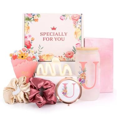 Imagem de Caixa de presente com letra U rosa – Presentes personalizados exclusivos com copo, espelho e acessórios de cabelo para aniversário, Natal ou presentes de agradecimento
