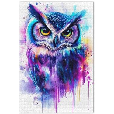 Imagem de Quebra-cabeça com estampa de coruja em aquarela, 1000 peças, pintura de arte animal, personalizada, divertido, divertido, bobo, 75 x 40 cm