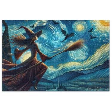 Imagem de Quebra-cabeça estrelado de bruxa voando vassoura de Halloween 500 peças presentes de festa elefante branco adulto presente mordaça presente quebra-cabeça família brinquedo arte