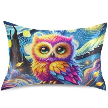 Imagem de Capas de almofada neon coruja estrelada noite de cetim para resfriamento de cabelo, capa de travesseiro padrão Queen King, tamanho king, 101,6 cm x 50,8 cm