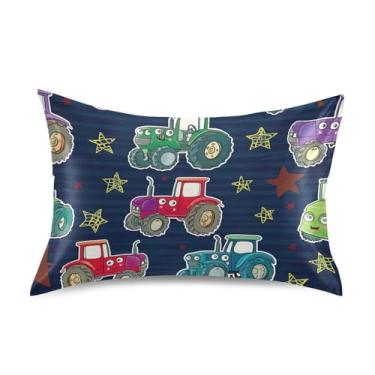 Imagem de Fronhas de cetim coloridas de trator de desenho animado engraçado resfriamento padrão King Queen Capas de travesseiro personalizadas tamanho padrão 66 cm x 50 cm
