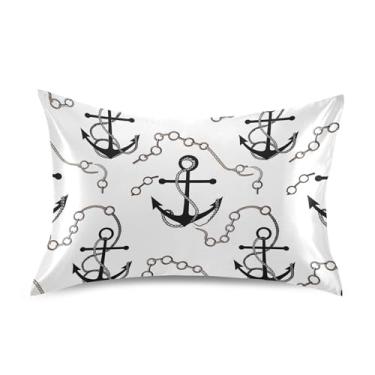 Imagem de Fronhas legais legais pretas âncoras correntes brancas cetim refrescante king queen fronha padrão fronha de cama personalizada tamanho queen 76.2 cm x 50.8 cm