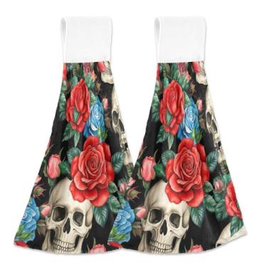 Imagem de Toalhas de mão personalizadas com caveiras vermelhas rosas pretas de outono com laço para pendurar conjunto de toalhas de gravata de forno de 2 toalhas de secagem de cozinha macias e absorventes fofas