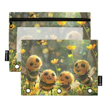 Imagem de Estojo de lápis Cute Bees com furos para fichário, pacote com 2, acessórios de fichário de 3 anéis de grande capacidade