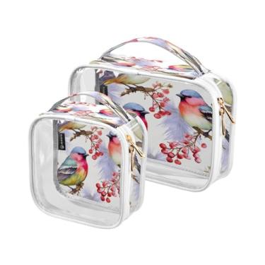 Imagem de GAIGEO Conjunto de bolsa de maquiagem transparente com flores violeta com folhas, bolsa de maquiagem de plástico, bolsas de higiene pessoal de viagem para mulheres, pacote com 2, Pássaros em panos de