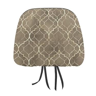 Imagem de Azulejos marroquinos dourados dourados sem costura com linhas geométricas douradas 2 peças capas protetoras de encosto de cabeça para assento de carro universal, capa macia para encosto de cabeça de