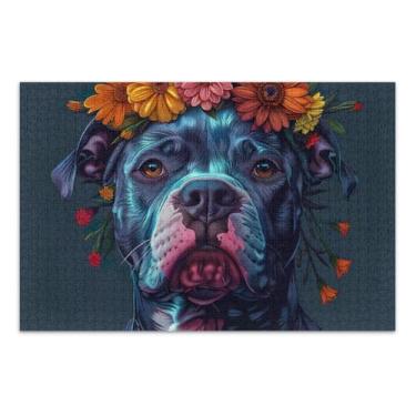 Imagem de Quebra-cabeça de cachorro com flores na cabeça, 1000 peças, arte de parede doméstica para adultos, famílias