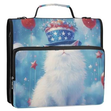 Imagem de Organizador de fichário engraçado com zíper com 3 fichários de 3 anéis anel D patriótico de gato branco patriótico pasta de portfólio com alça para fichários escolares bolsa com alça de ombro