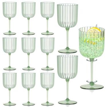 Imagem de 12 peças de taças de vinho com nervuras de plástico 325 ml Taça de vinho removível verde inquebrável vintage ondulado copos de água para coquetéis, festas, casamentos, piscina, ao ar livre