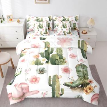 Imagem de Conjunto de cama casal, cacto ocidental, 7 peças, para crianças, meninas e adultos, com estampa floral de plantas tropicais, estilo ocidental, fofo, cowgirl, edredom com lençol com lençol e flores