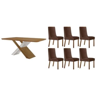 Imagem de Sala Jantar Mesa Imperatriz Tampo Curvo 180cm+6 Cadeiras Dakota Madeira Naturale/Off Wite - Capuccino/Suede Marrom - Rufato
