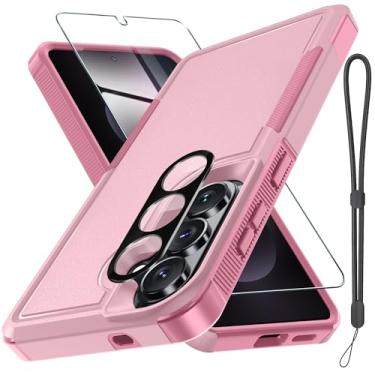 Imagem de Capa para Samsung Galaxy S26+ Plus com protetor de tela + capa de lente de câmera, capa de telefone resistente à prova de choque de grau militar com alça de cordão de pulso para Samsung S26Plus, rosa