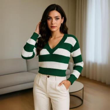 Imagem de Blusa Feminina de Tricot Listrada Gola V Manga Longa Elegante - Vitrin