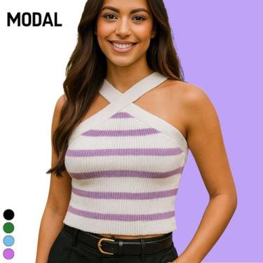 Imagem de Cropped Tricot Modal Cruzado Com Listras - Vitrine Collection, Lilás, 