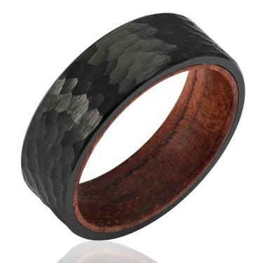 Imagem de 100S JEWELRY Anéis de tungstênio com acabamento preto martelado para homens com interior jacarandá aliança de compromisso de casamento tamanho 6-16, Metal, Sem pedra preciosa