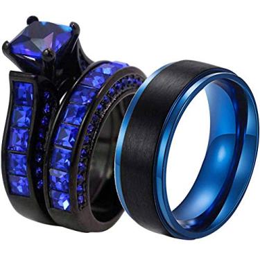 Imagem de Ringheart 2 anéis luxuosos para casais, ouro preto, corte princesa, azul, zircônia cúbica, conjuntos de alianças de casamento masculinas de tungstênio, Ouro, tungstênio, Zircônia cúbica