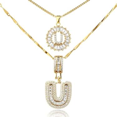 Imagem de MINDEKA Pacote com 2 colares femininos com inicial de zircônia cúbica banhada a ouro 14K, joias delicadas com inicial inicial para mulheres, colar com pingente de alfabeto A-Z personalizado, 18"+2