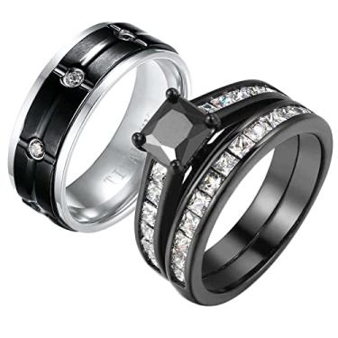 Imagem de ringheart Conjuntos de anéis de casamento para ele e para ela, alianças de casamento de titânio pretas para ele e ela, conjuntos de anéis de casamento, Metal Metal Cristal Strass Pedra, Zircônia cúbica
