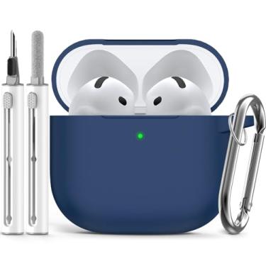 Imagem de Capa para AirPods 4 2024 com kit de limpeza, capa protetora de silicone macio para Apple AirPods 4ª geração, capas para mulheres e homens, com chaveiro, azul
