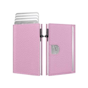 Imagem de Carteira masculina - couro minimalista com três dobras, capa para cartão pop-up inteligente com bloqueio de RFID, porta-cartões de crédito de metal fino de 10 a 15 cartões, carteiras pequenas com