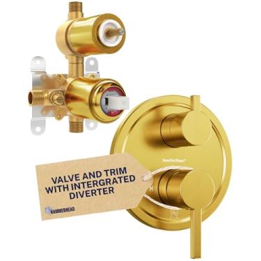 Imagem de HammerHead Showers Válvula de chuveiro de duas alças de metal e kit de acabamento ouro escovado, desvia água, controla o volume e a temperatura, kit de acabamento de chuveiro áspero com válvula e