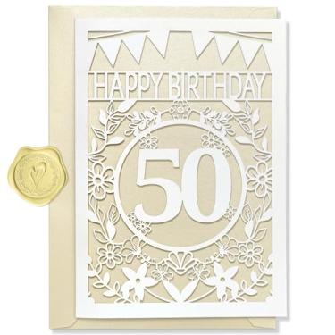 Imagem de Cartão de feliz aniversário - Cartão de felicitações de papel cortado a laser para 50 anos de idade, presente bonito e exclusivo para mulheres, perfeito para amigas, neta, filha, irmã, família, com