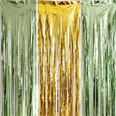 Imagem de Pacote com 3 cortinas de franja de folha de ouro verde sálvia extra largas 3 m para fotos de grupo de fundo de festa de casamento, decorações de porta de festa de aniversário, cada 1 x 2 m