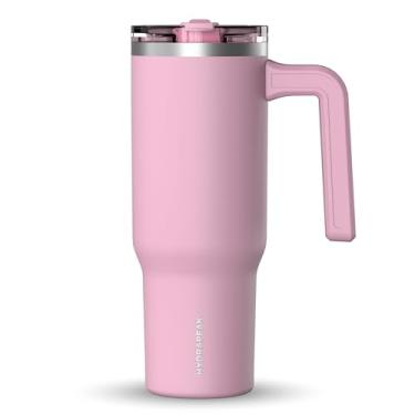 Imagem de Hydrapeak Copo Voyager de 946 ml com alça e tampa de canudo | Garrafa de água de aço inoxidável reutilizável para viagem com suporte para copo | Copo isolado (rosa algodão)