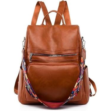 Imagem de Mochila Feminina Grande de Couro Sintético, Impermeável e Resistente para Viagem, Trabalho e Escola, com Alça Colorida, 35x34x14cm, Bolsa 2026 (Marrom)
