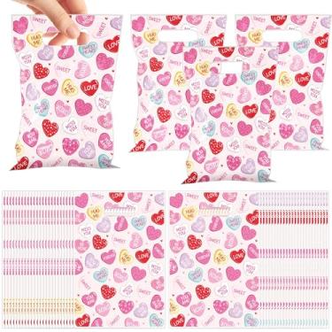 Imagem de MOIZYNG 50 peças de sacolas de presente de dia dos namorados com alças, rosa conversa, coração, plástico, doces, petiscos, sacolas de presente para crianças, sala de aula, troca de presentes, artigos