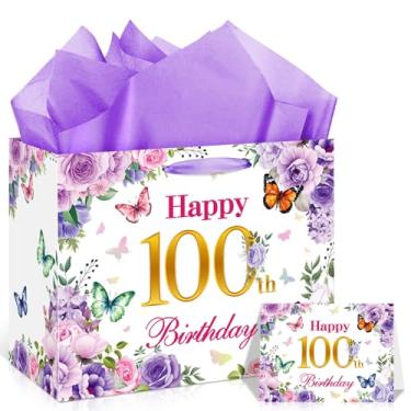 Imagem de MOORIIY 1 bolsa roxa de presente de aniversário de 100 anos com cartão e papel de seda