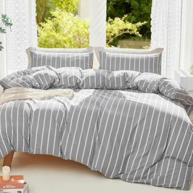 Imagem de DONEUS Conjunto de capa de edredom listrado, tamanho Queen, 100% algodão lavado, 3 peças, super macio, respirável, confortável, natural, linho, texturizado, com fecho de zíper (listras largas cinza