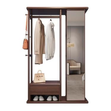 Imagem de KHUTRW3D Cabide de madeira maciça para quarto, cabide de chão, quarto, cabideiro, espelho, sala integrada, simples, multifuncional, prateleira de armazenamento, suporte livre