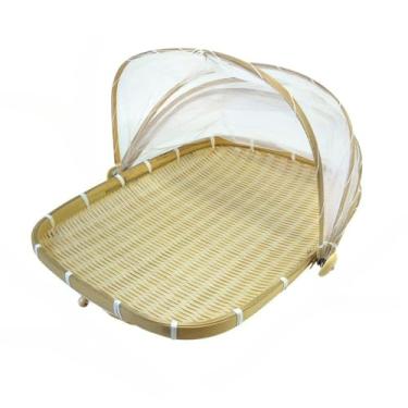 Imagem de Cesta de Piquenique em Bambu com Tampa de Tule - Armazenamento Elegante para Alimentos(Retângulo 46cm)