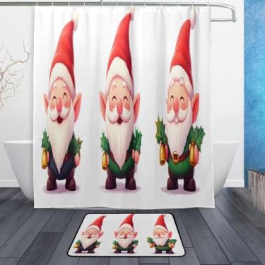Imagem de xigua Gnomos de Natal fofos conjuntos de tapetes de cortina de banho 2 peças, conjunto de tema de banheiro (152 x 182 cm) com cortina de chuveiro e tapete antiderrapante -12 ganchos422