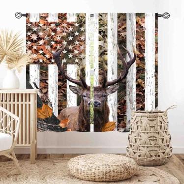 Imagem de Cortinas de veado de caça, camuflagem rústica floresta vida selvagem caçador de alces camuflagem bandeira americana casa de fazenda homem rural decoração de caverna para sala de estar quarto cozinha