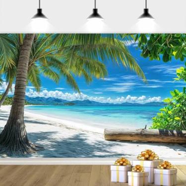 Imagem de Cenário fotográfico de verão de 25 x 2 m, fundo de praia tropical, cenário de fotografia de praia do Havaí, palmeiras, fundo de festa de aniversário, chá de bebê, adereços de estúdio fotográfico, cor