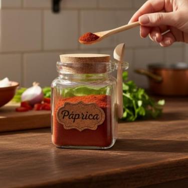 Imagem de Porta Temperos Condimento Vidro Tampa Hermético Colher Bambu 310ml Páprica