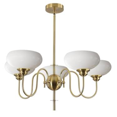 Imagem de Flyrose Lustre grande de vidro de leite vintage dourado lustre ilha de cozinha 5 lâmpadas grande globo pingente luminária latão Sputnik luminária de teto lustres de escola