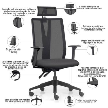 Imagem de Cadeira Escritório Giratória Presidente Flow F02 Base Preta Linho Grafite - Lyam Decor